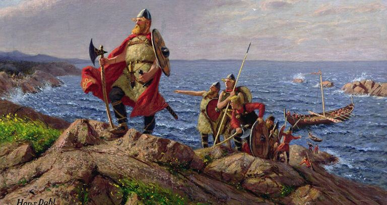 Painting Of Leif Erikson On Boulders
