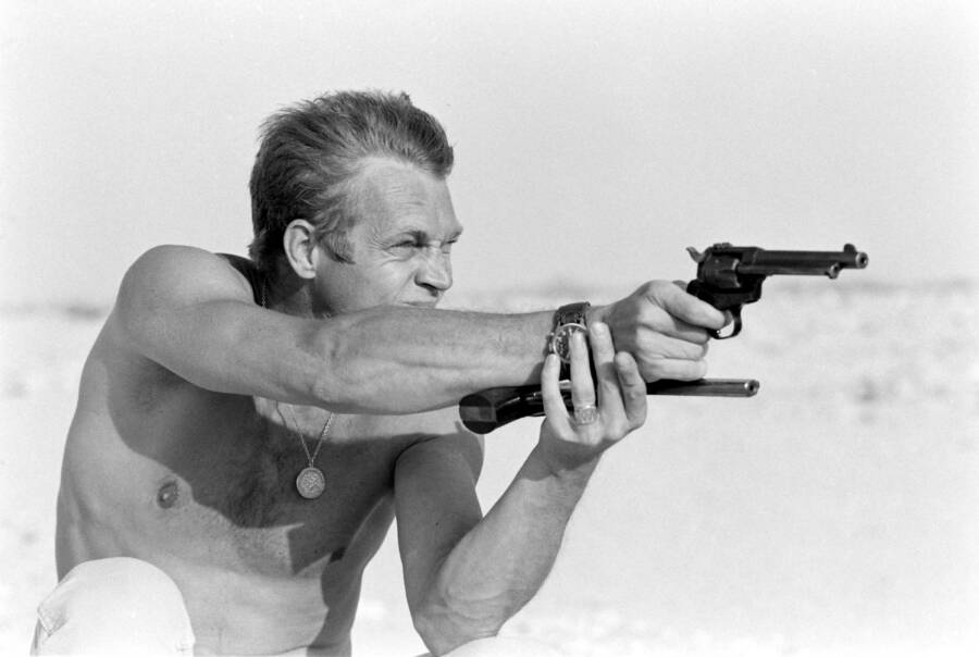 Shirtless Steve Mcqueen Shooting A Gun