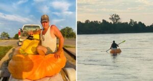 Duane Hansen Alongside Pumpkin Boat Floating