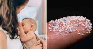 Woman Feeding Baby Alongside Microplastics