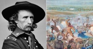 George A Custer Alongside Painting Of Custers Last Stand
