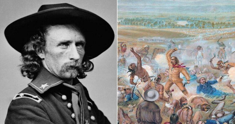 George A Custer Alongside Painting Of Custers Last Stand